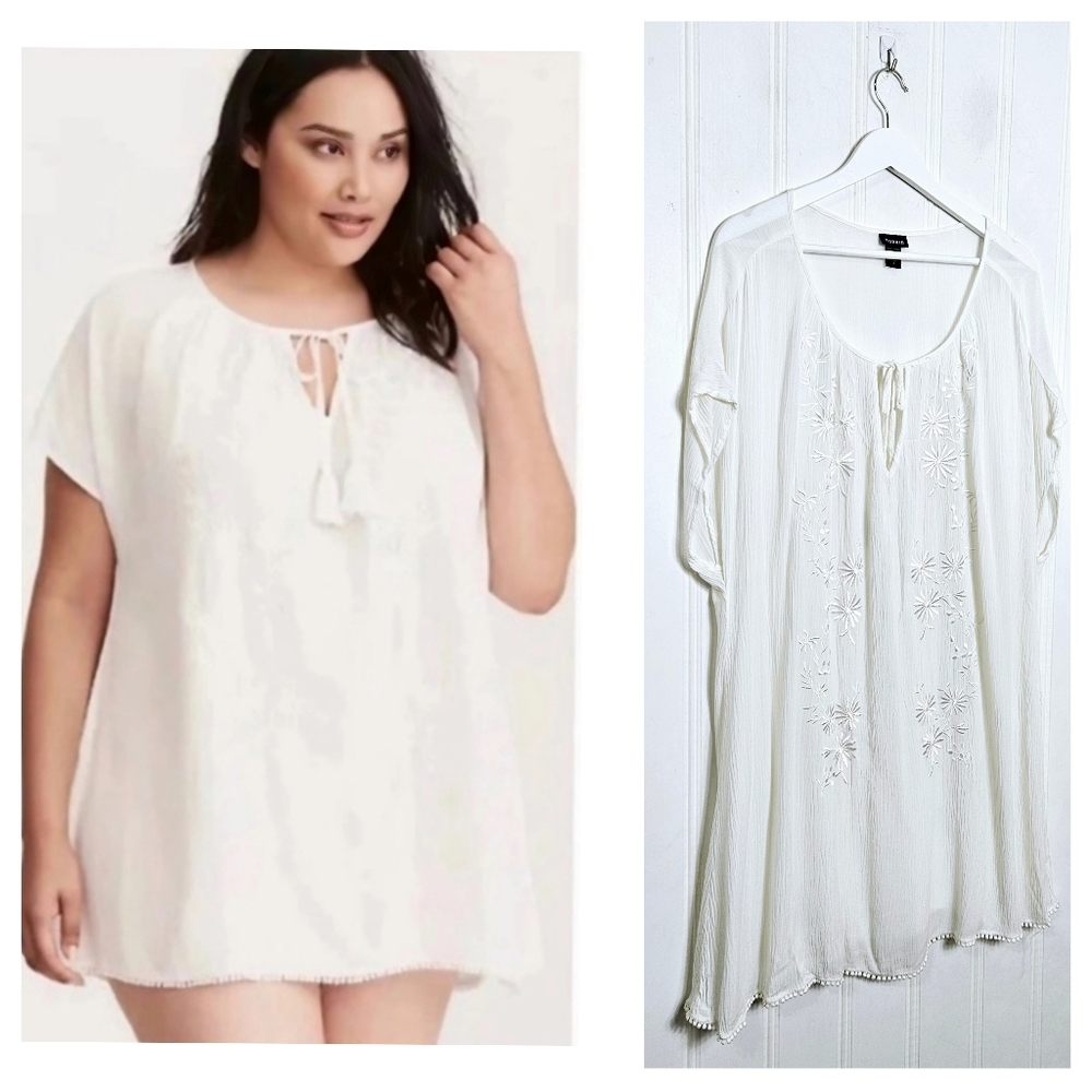 Torrid Swim Cover Up Plus Size 2X White Embroidered Resort Boho Tunic Beach